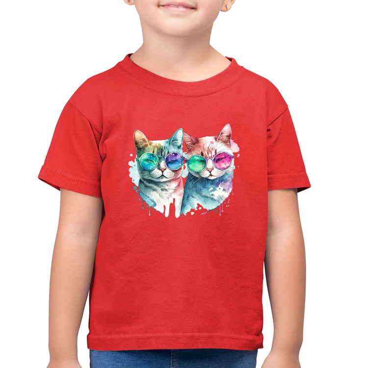 Camiseta Algodão Infantil Gatos de óculos - Vermelha