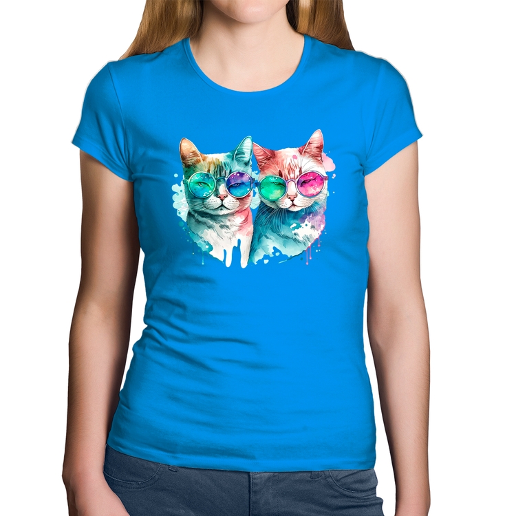 Baby Look Algodão Gatos de óculos - Azul