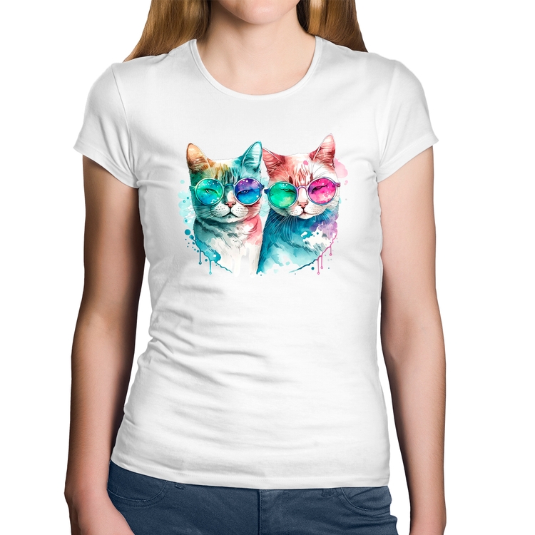 Baby Look Algodão Gatos de óculos - Branca