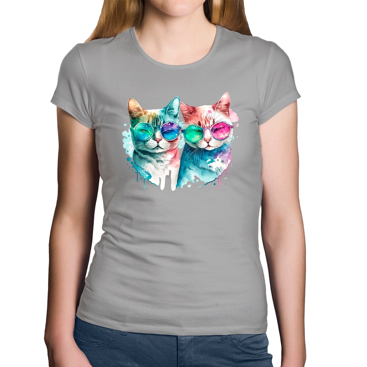 Baby Look Algodão Gatos de óculos - Cinza