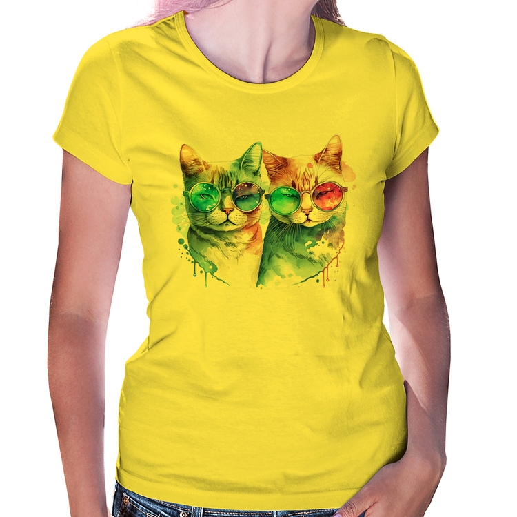 Baby Look Gatos de óculos - Amarela