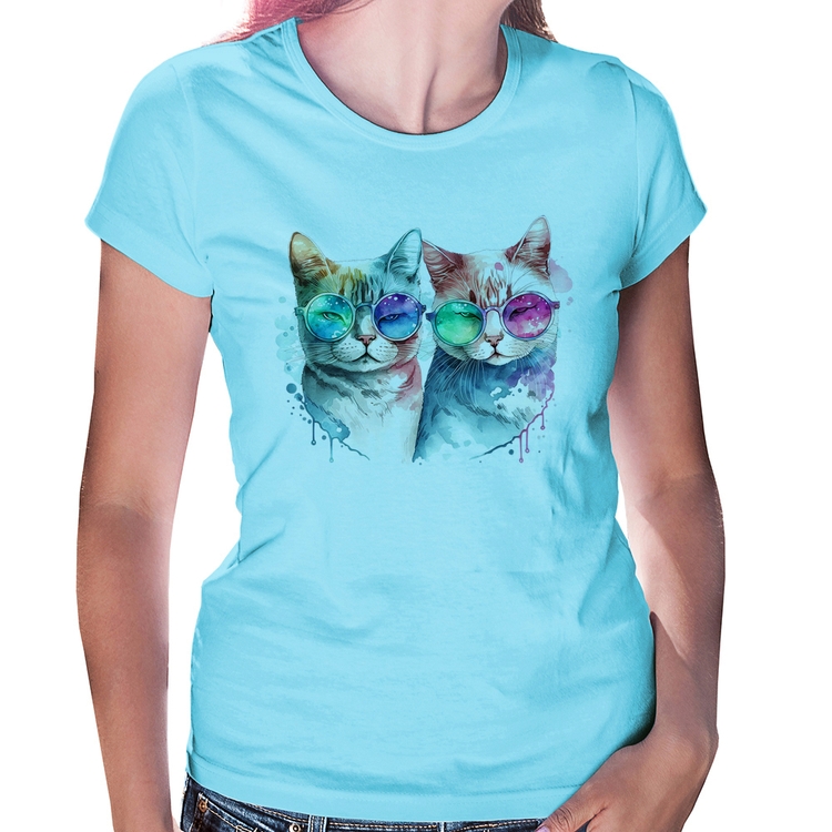 Baby Look Gatos de óculos - Azul Bebê