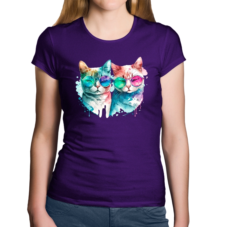 Baby Look Algodão Gatos de óculos - Roxa