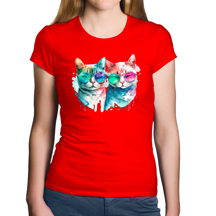 Baby Look Algodão Gatos de óculos - Vermelha