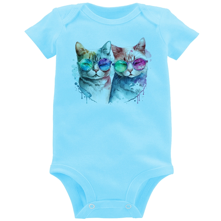 Body Bebê Gatos de óculos - Azul Bebê