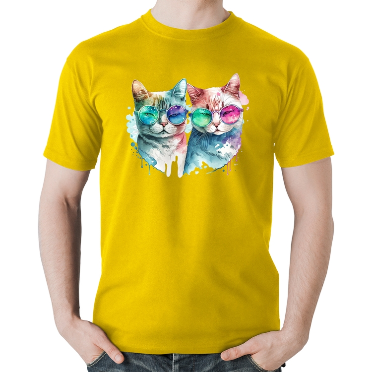 Camiseta Algodão Gatos de óculos - Amarela