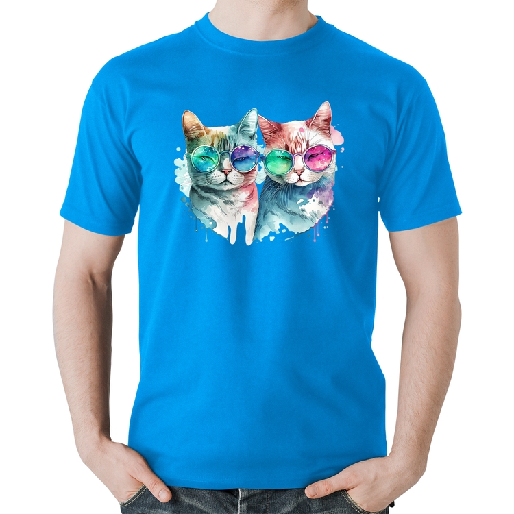 Camiseta Algodão Gatos de óculos - Azul