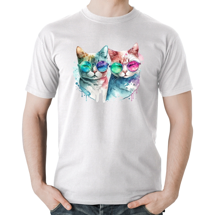 Camiseta Algodão Gatos de óculos - Branca
