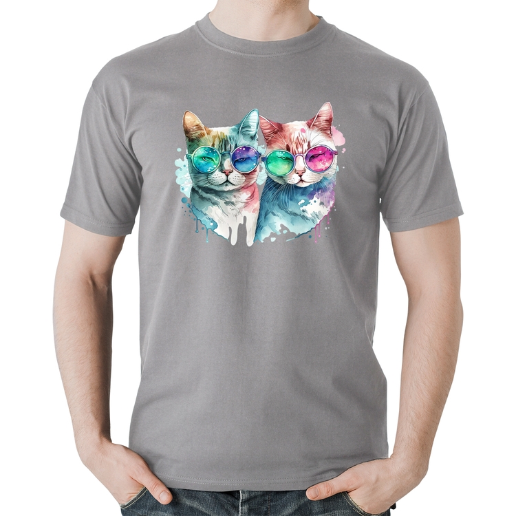 Camiseta Algodão Gatos de óculos - Cinza