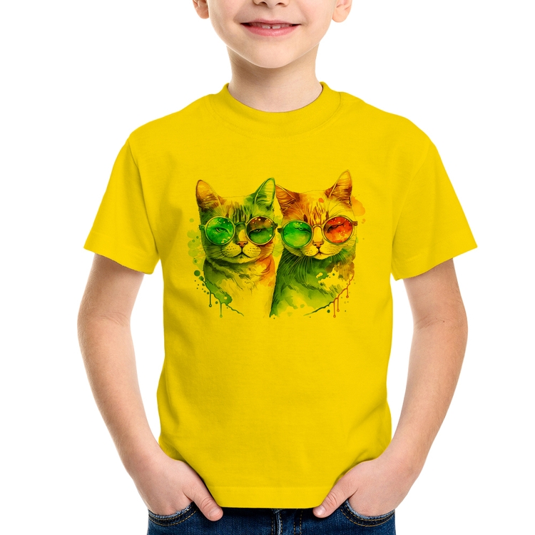 Camiseta Infantil Gatos de óculos - Amarela