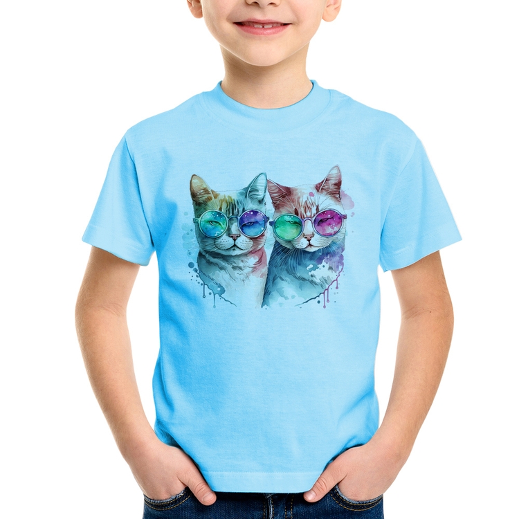 Camiseta Infantil Gatos de óculos - Azul Bebê