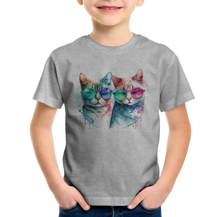 Camiseta Infantil Gatos de óculos - Cinza
