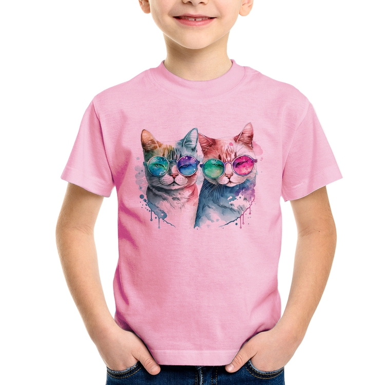 Camiseta Infantil Gatos de óculos - Rosa Bebê