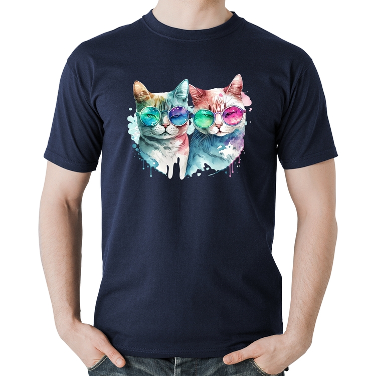 Camiseta Algodão Gatos de óculos - Marinho
