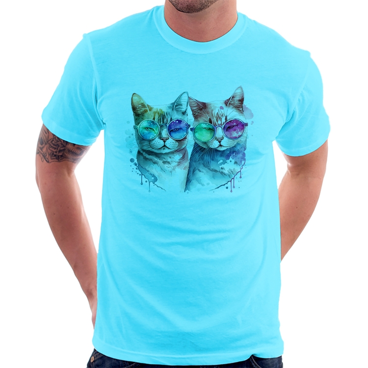 Camiseta Gatos de óculos - Azul Claro