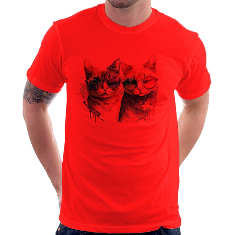 Camiseta Gatos de óculos - Vermelha