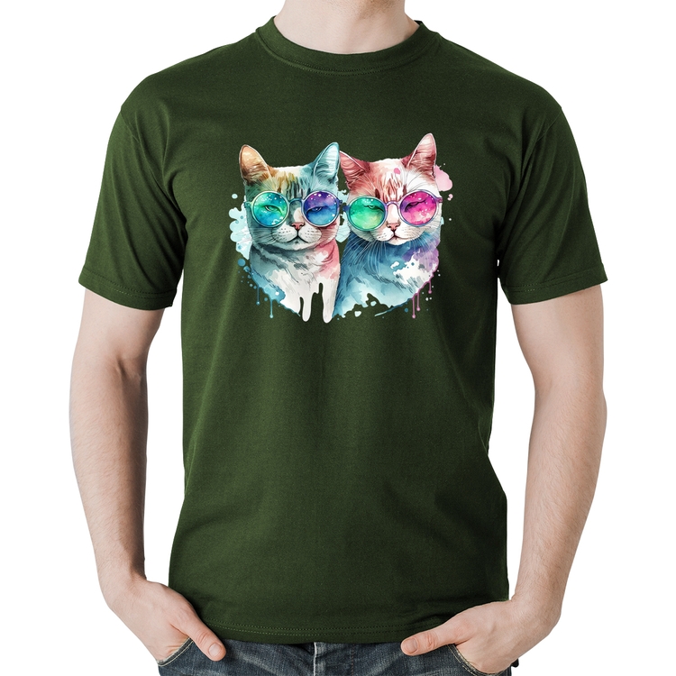 Camiseta Algodão Gatos de óculos - Musgo