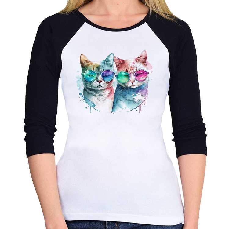 Baby Look Raglan Gatos de óculos Manga 3/4