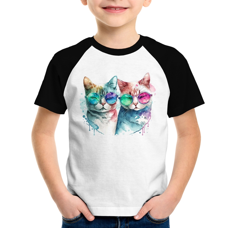 Camiseta Raglan Infantil Gatos de óculos