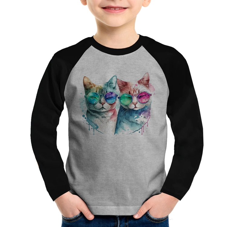 Camiseta Raglan Infantil Gatos de óculos Manga Longa - Cinza/Preto