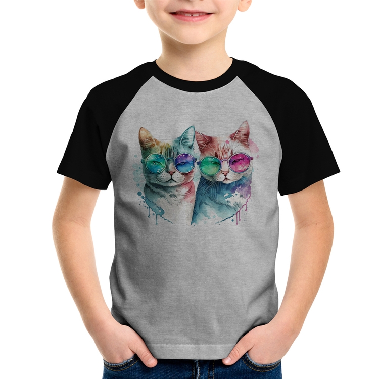 Camiseta Raglan Infantil Gatos de óculos - Cinza/Preto