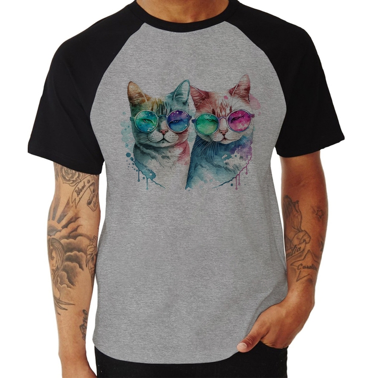 Camiseta Raglan Gatos de óculos - Cinza/Preto