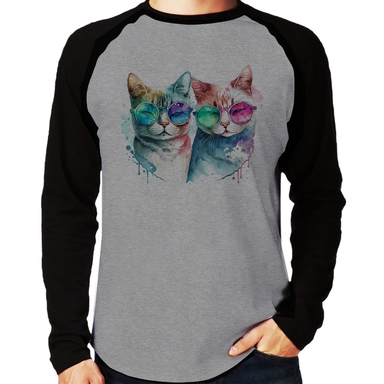 Camiseta Raglan Gatos de óculos Manga Longa - Cinza/Preto