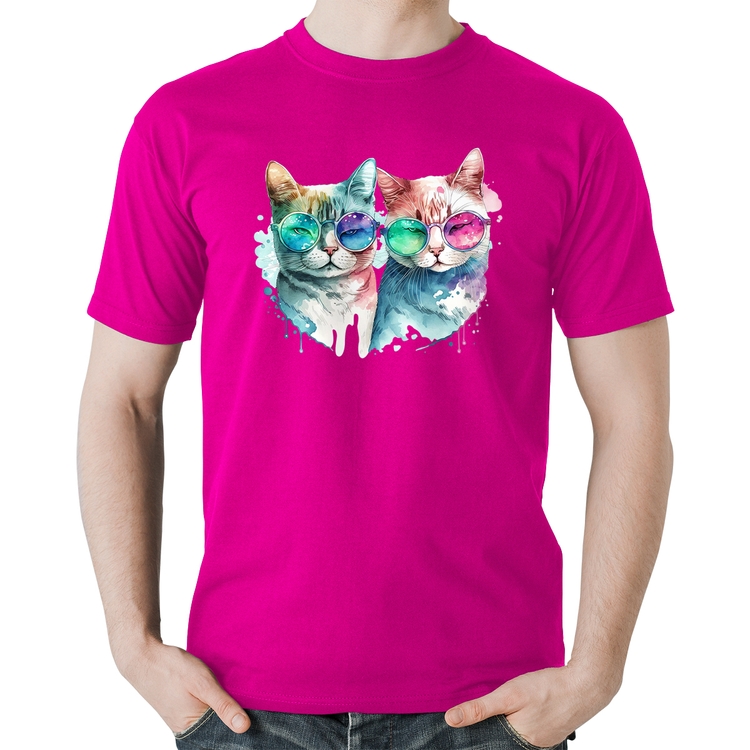 Camiseta Algodão Gatos de óculos - Rosa