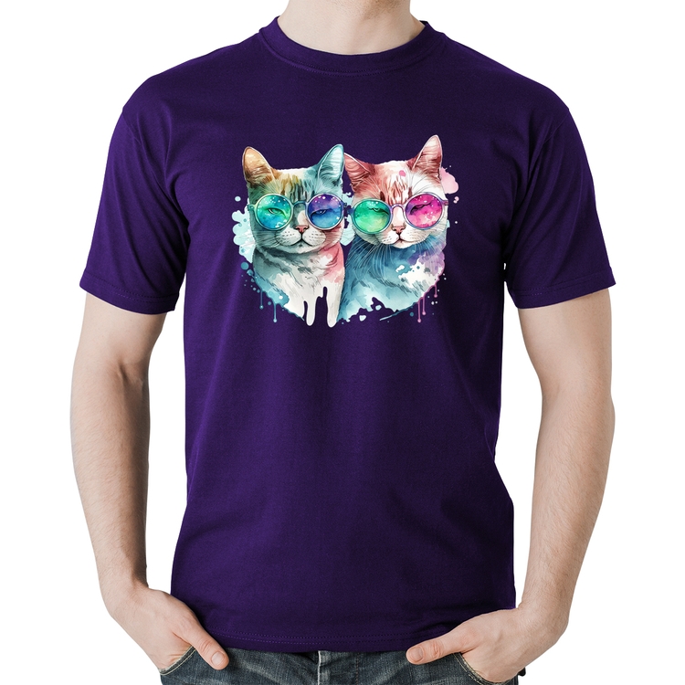 Camiseta Algodão Gatos de óculos - Roxa