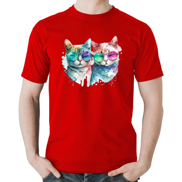 Camiseta Algodão Gatos de óculos - Vermelha
