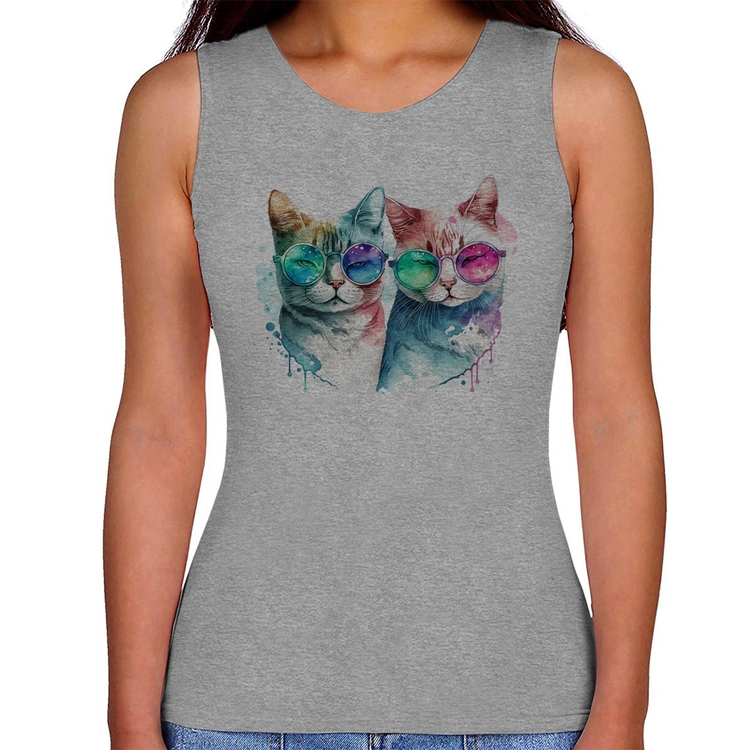 Regata Feminina Gatos de óculos - Cinza