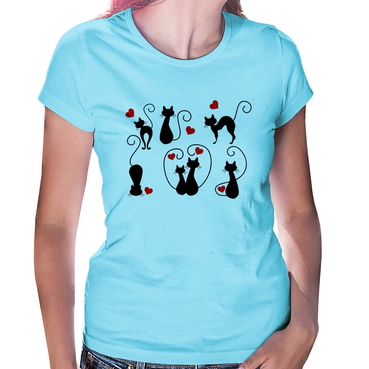 Baby Look Gatos E Corações - Azul Bebê