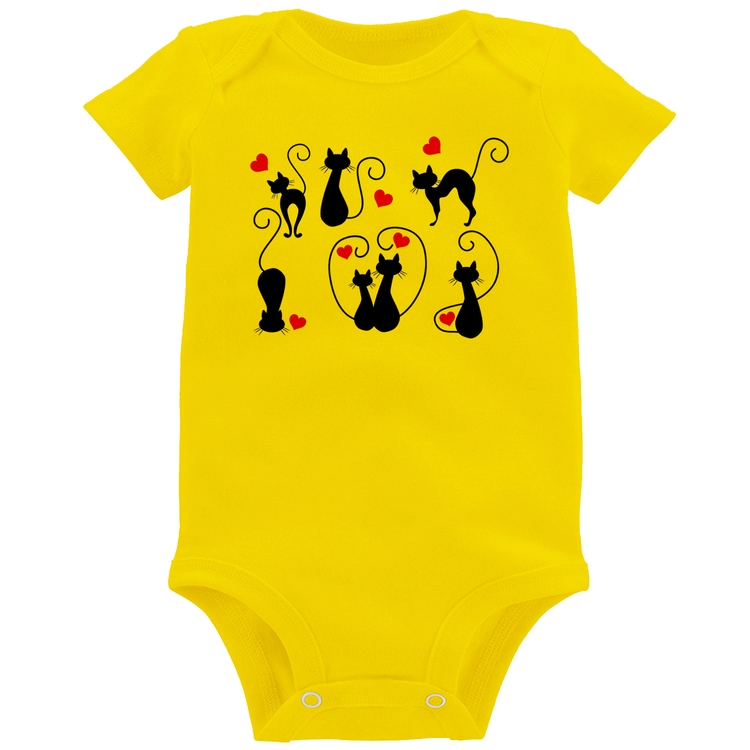 Body Bebê Gatos E Corações - Amarelo