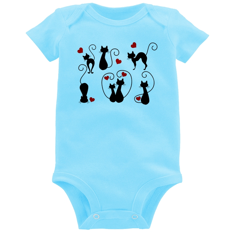 Body Bebê Gatos E Corações - Azul Bebê