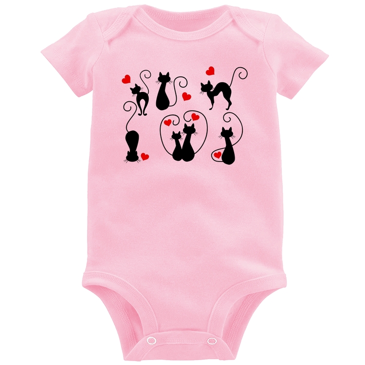 Body Bebê Gatos E Corações - Rosa Bebê