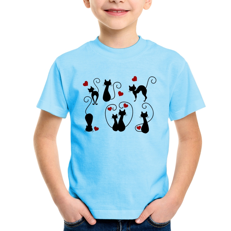 Camiseta Infantil Gatos E Corações - Azul Bebê
