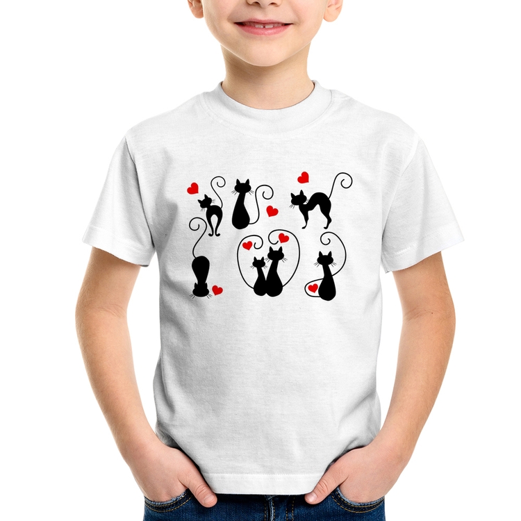 Camiseta Infantil Gatos E Corações