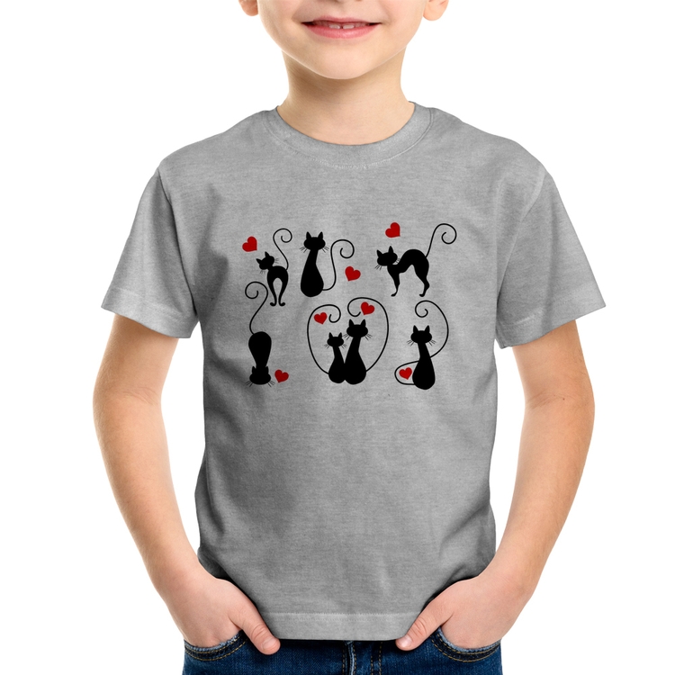 Camiseta Infantil Gatos E Corações - Cinza