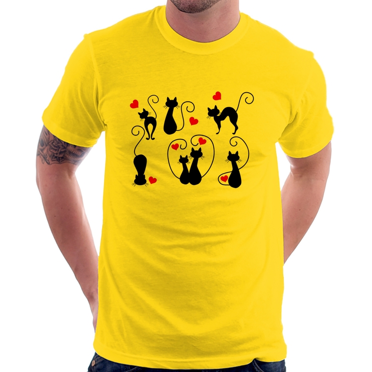 Camiseta Gatos E Corações - Amarela