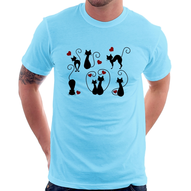 Camiseta Gatos E Corações - Azul Bebê