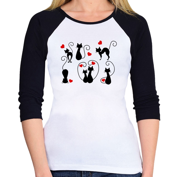 Baby Look Raglan Gatos E Corações Manga 3/4