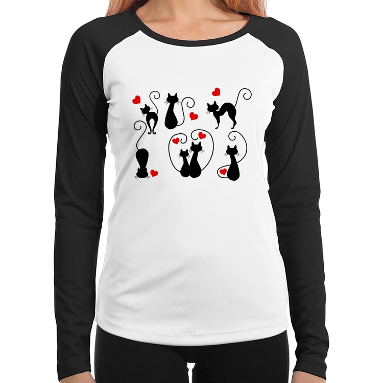Baby Look Raglan Gatos E Corações Manga Longa