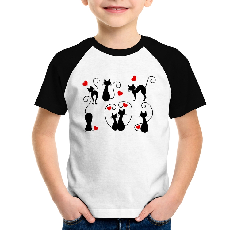 Camiseta Raglan Infantil Gatos E Corações
