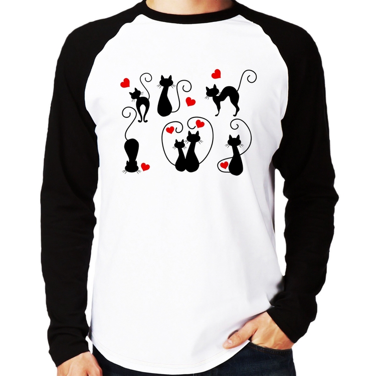 Camiseta Raglan Gatos E Corações Manga Longa