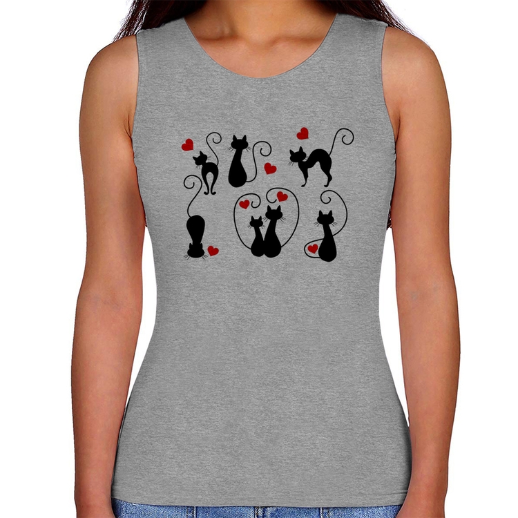 Regata Feminina Gatos E Corações - Cinza