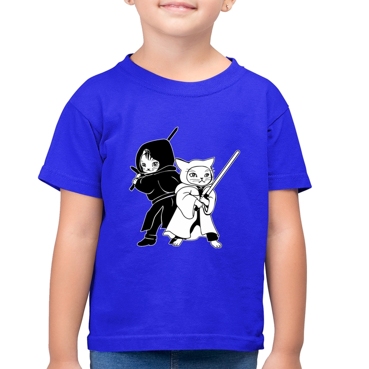 Camiseta Algodão Infantil Gatos Jedi - Azul Royal