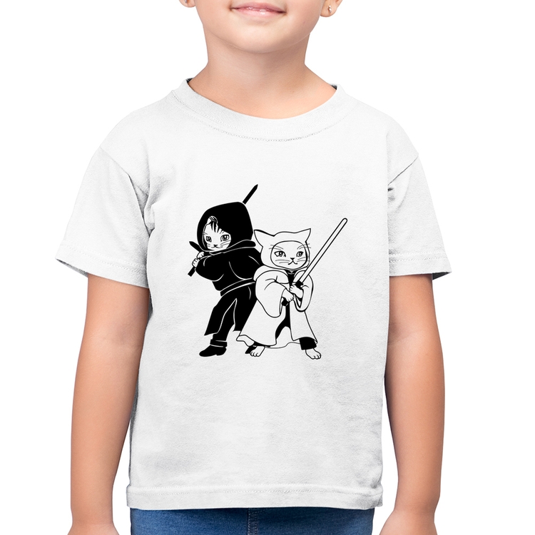 Camiseta Algodão Infantil Gatos Jedi - Branca