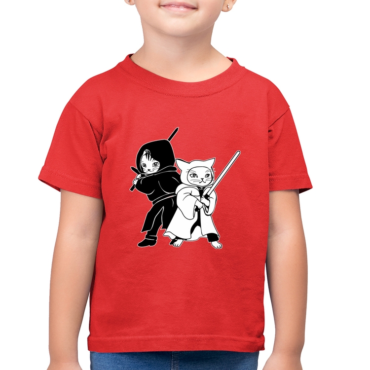 Camiseta Algodão Infantil Gatos Jedi - Vermelha