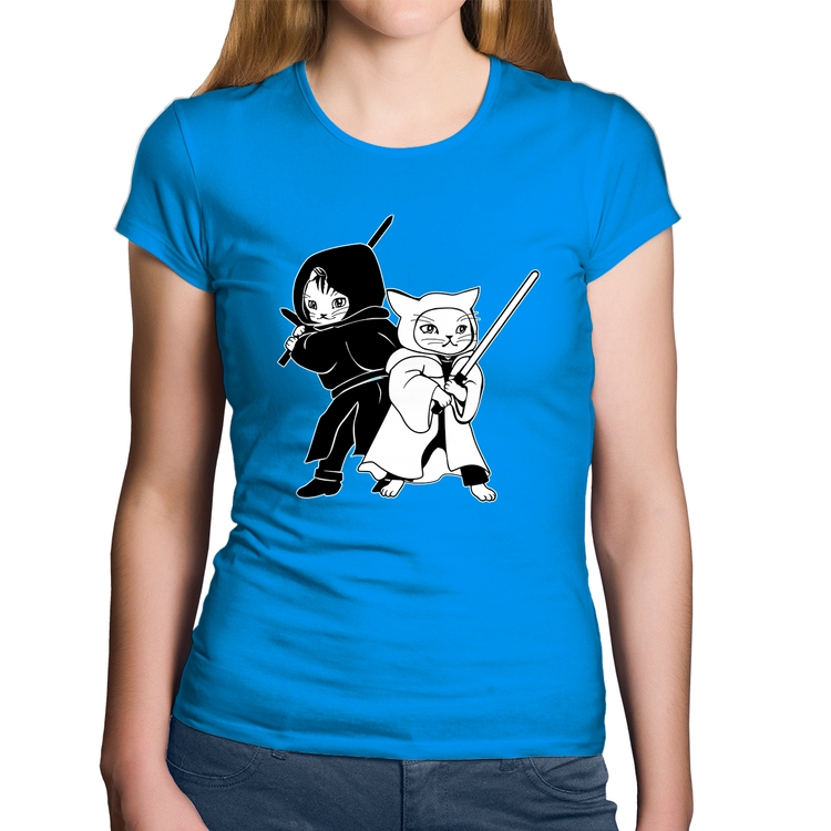 Baby Look Algodão Gatos Jedi - Azul