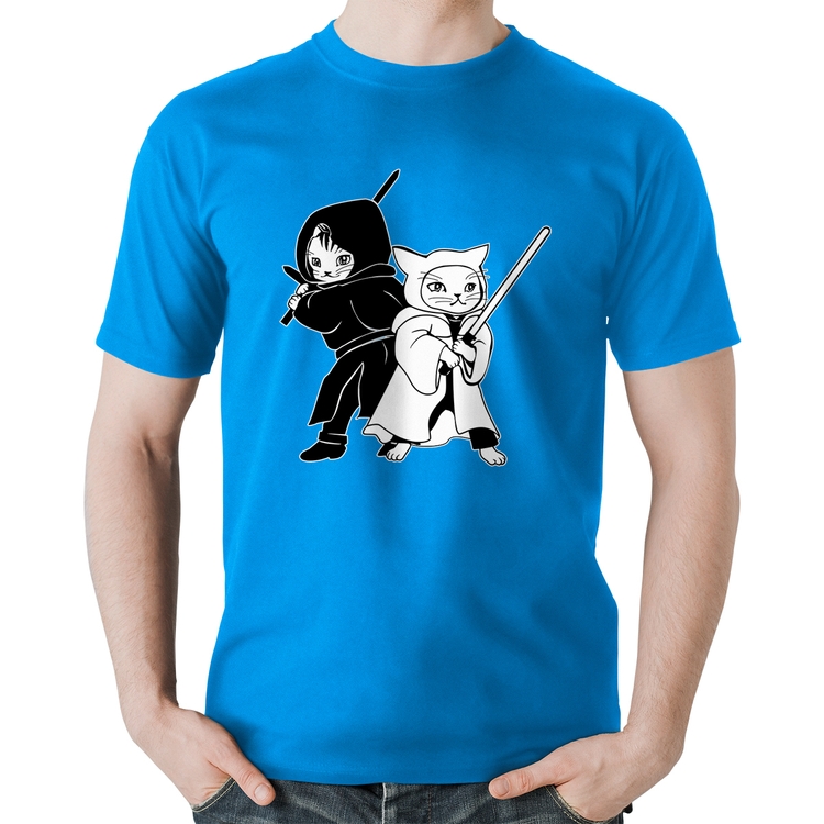 Camiseta Algodão Gatos Jedi - Azul